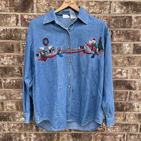 Vintage Y2K Bobbie Brooks Womens L Christmas Embroidery Bears‎ Denim Button Up - Picture 1 of 8